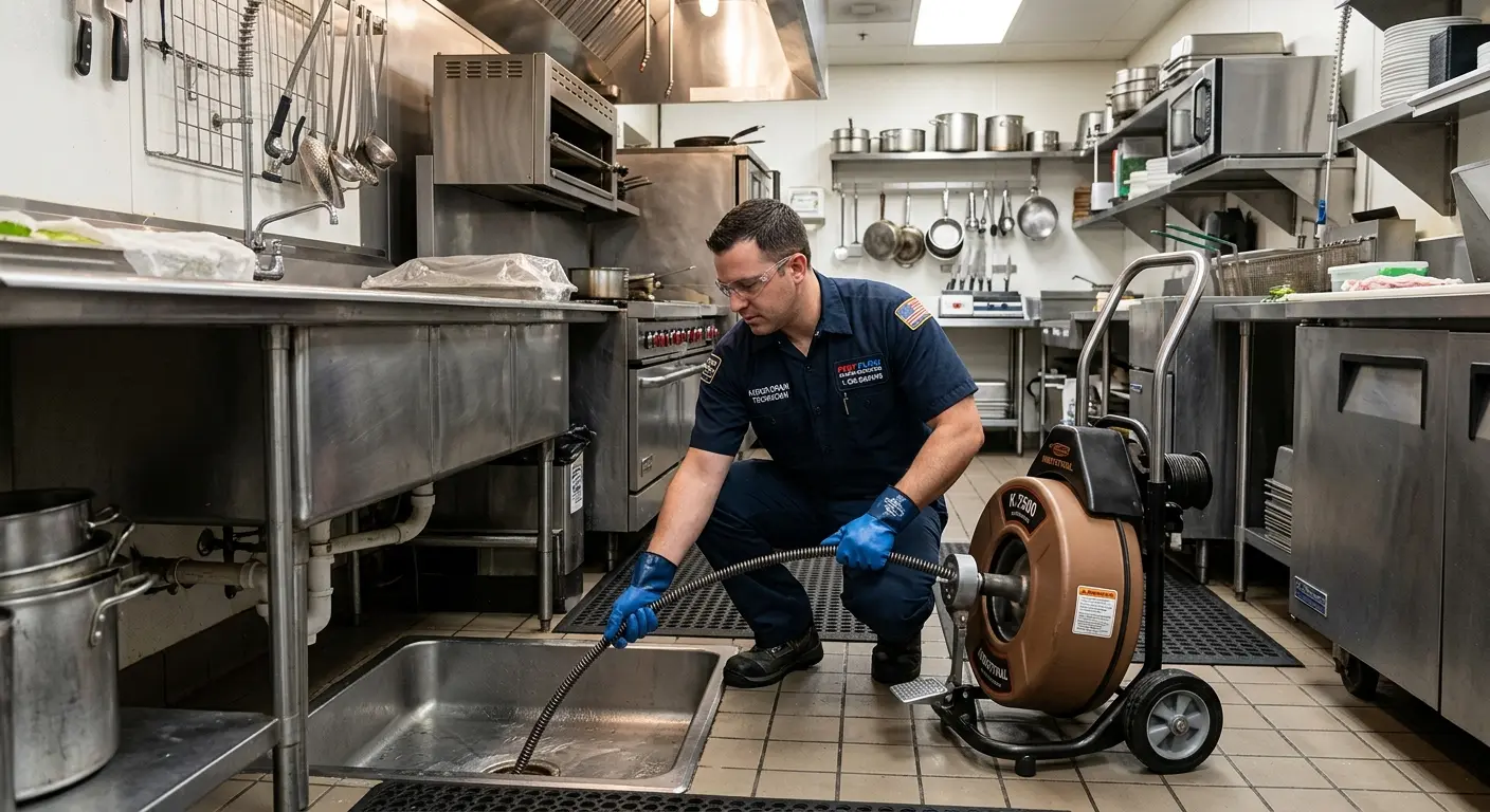 Commercial drain cleaning service in a restaurant kitchen in Kennedy