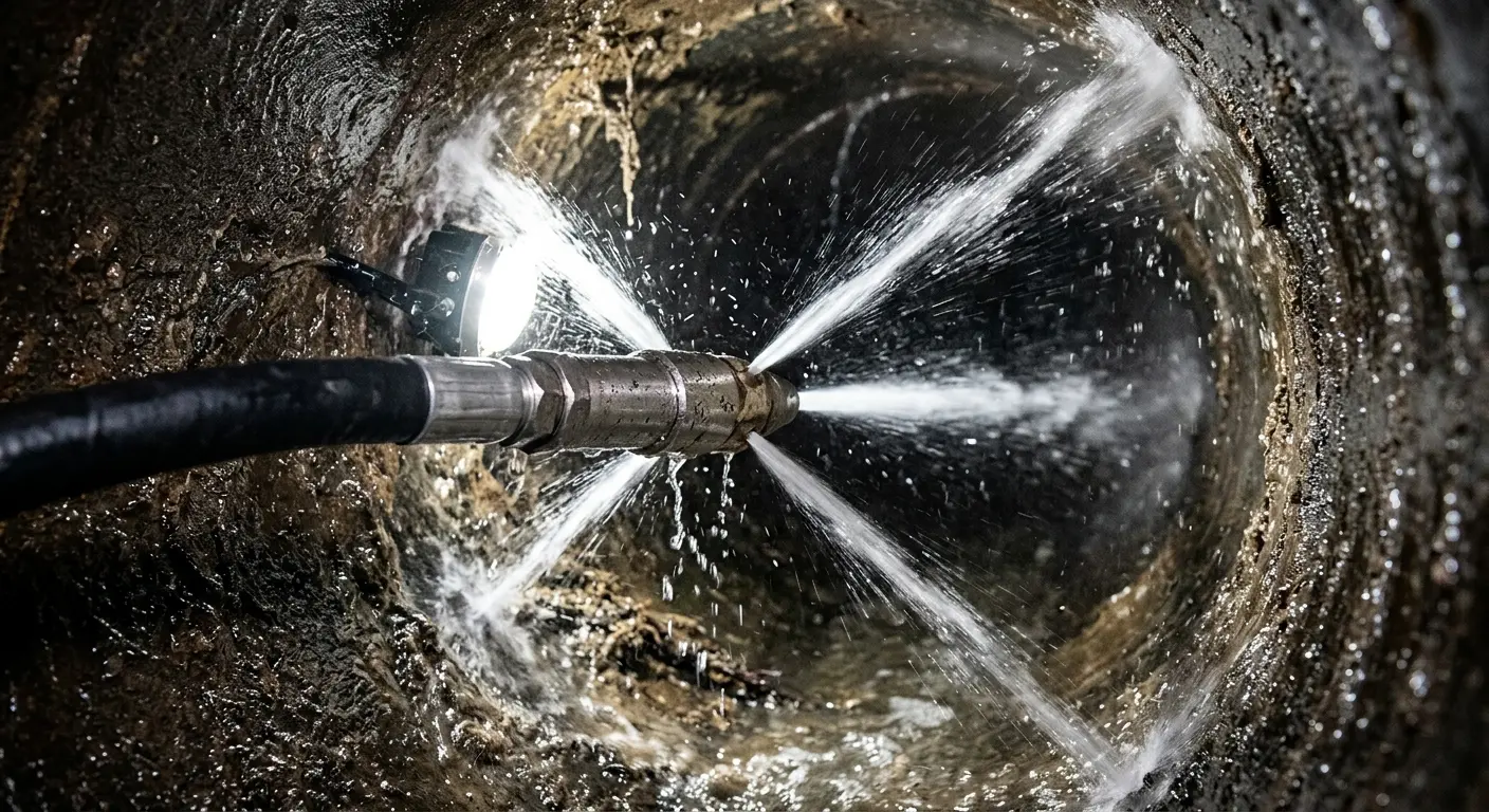 High-pressure hydro jetting nozzle cleaning sewer pipe for Trenchless Sewer Repair in Kennedy