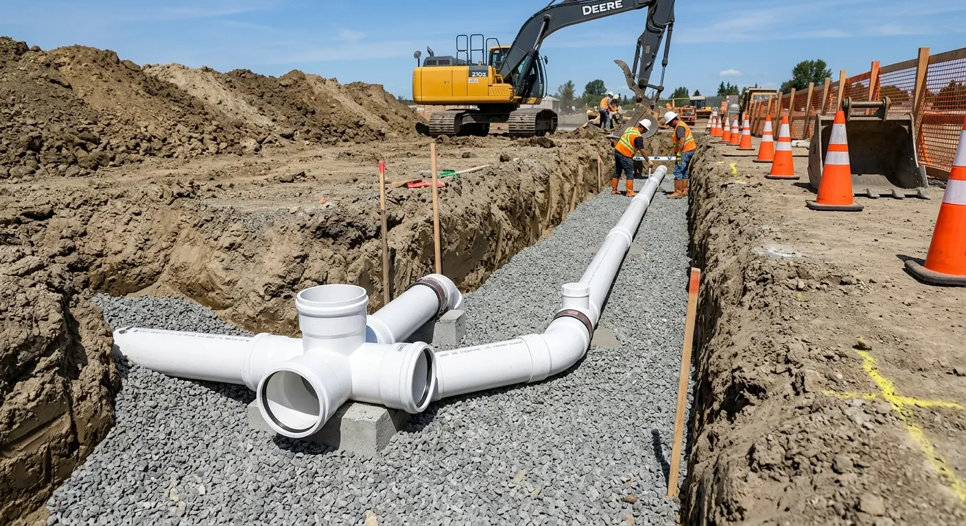 New PVC sewer pipe installation in open trench for Commercial Drain Cleaning in Kennedy