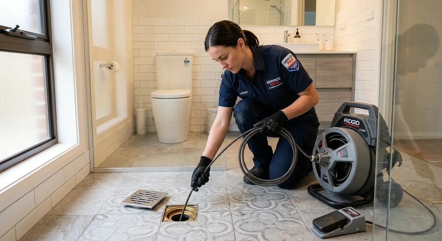 Technician clearing a bathroom floor drain for Drain Cleaning in Kennedy